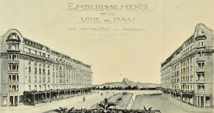 L’image représente une vue sur les Pyrénées depuis le boulveard Aragon, en 1925