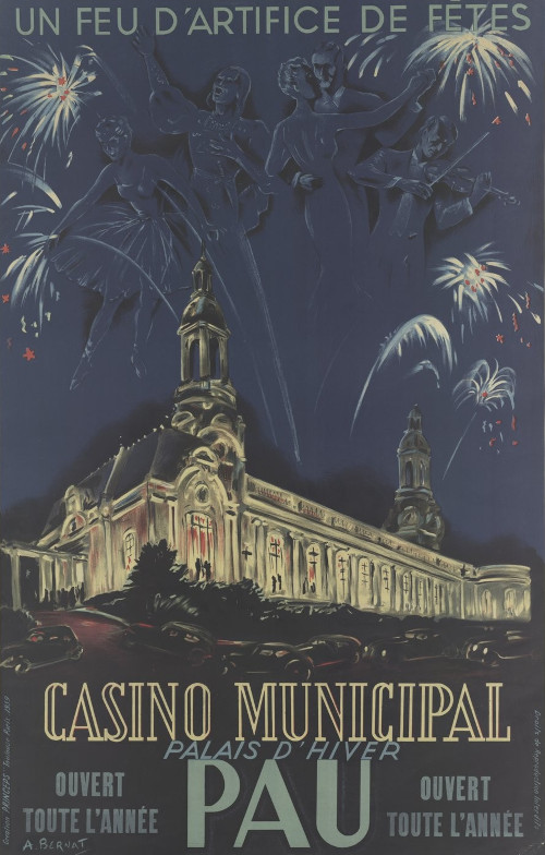 L’image représente une affiche du casino de Pau avec un feu d’artifice