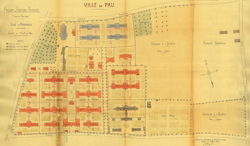L’image représente un plan en couleurs du projet de l’hopital-hospice de l’architecte Joseph Larregain.
