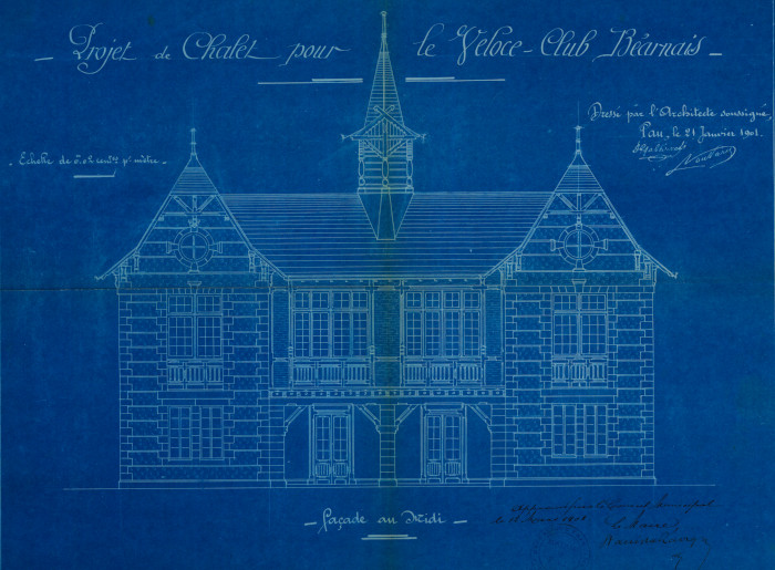L’image représente le plan d’architecte pour le projet de chalet du Véloce club béarnais en 1901