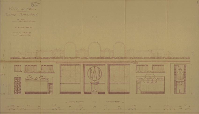 L’image représente le plan de l’architecte Charles Millot pour la construction d’une piscine à Pau