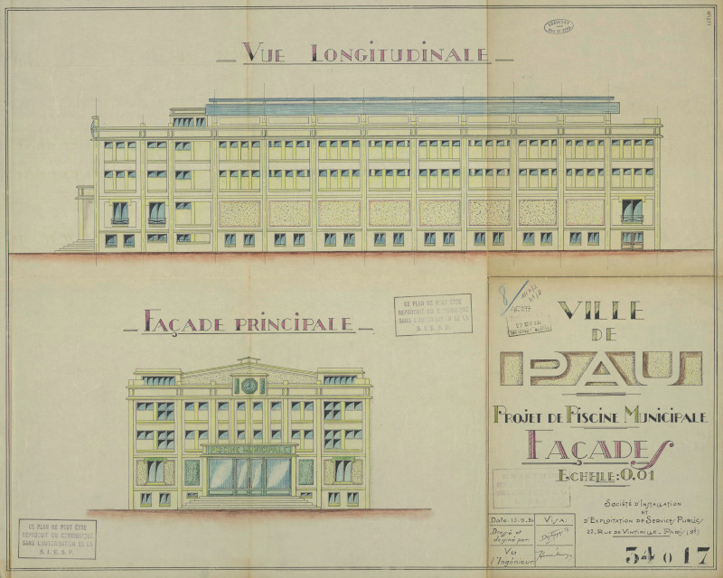 L’image représente le plan de l’architecte Deshayes pour la construction d’une piscine à Pau