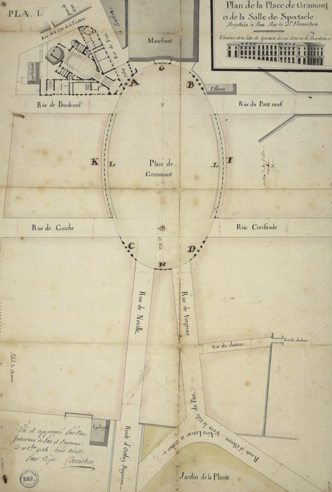 L'image représente le plan de la Place Gramont et de la salle de spectacle