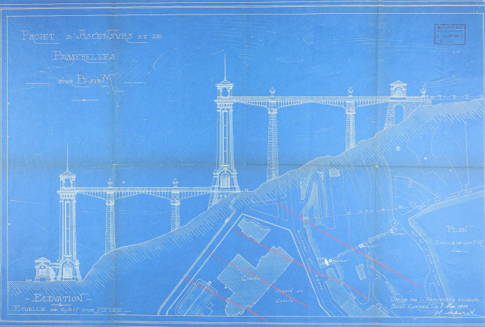 L’image représente le projet d'ascenseur pour Bologne imaginé par Echoret et Embry en 1900 