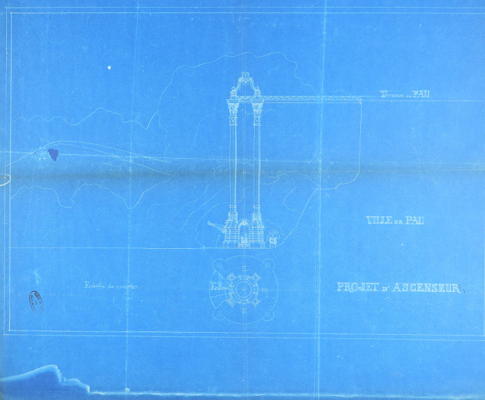 L’image représente le projet d'ascenseur pour Pau  imaginé par Embry en 1900 