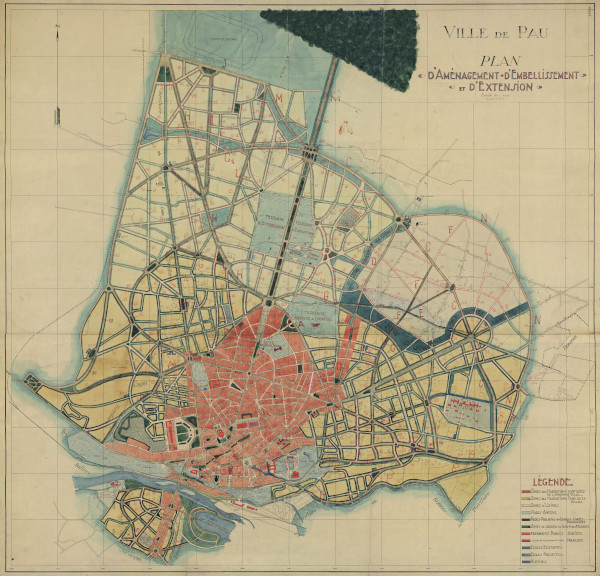  L'image représente un plan en couleurs avec le projet d’aménagement de la ville, par l’architecte Léon Jaussely.