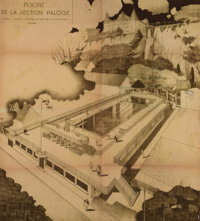 L’image représente le projet de piscine au stadium de la section paloise en 1945